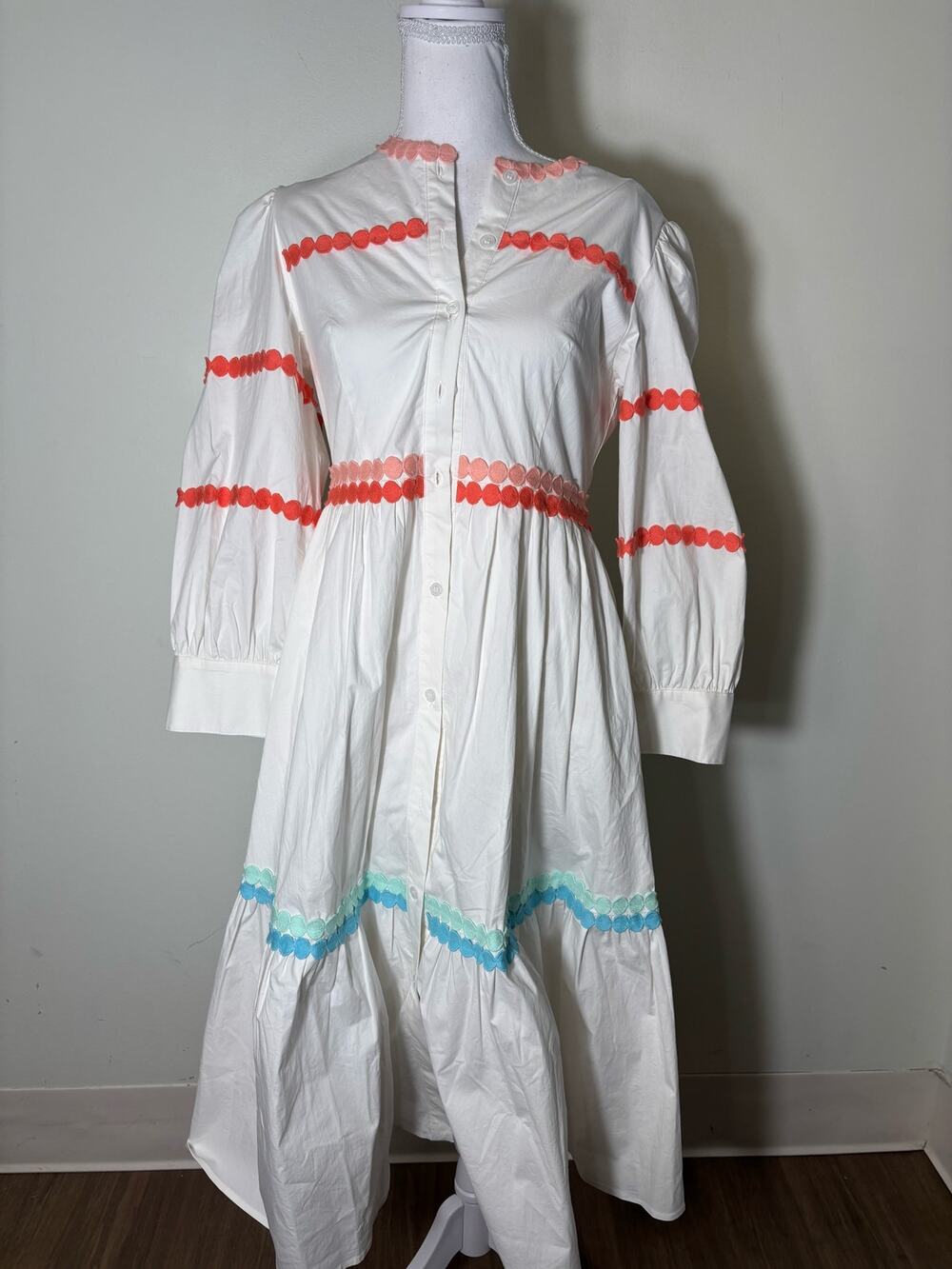 Marie by Victoria Dunn White Long Sleeve Button Up Crew Neck Maxi Dress Sz S
